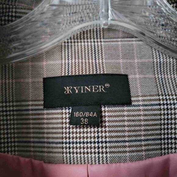 Yiner Plaid Double Breasted Blazer Pink Buttons Notched Lapel Long Sleeves Small - Picture 3 of 9